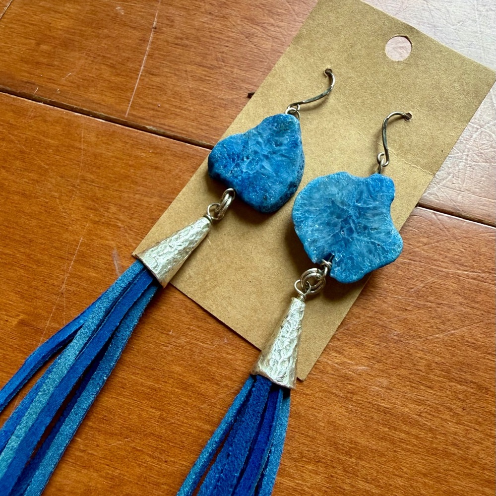 NWT Blue Geode Stone Tassel Earrings | Handmade, Unique Leather Jewelry